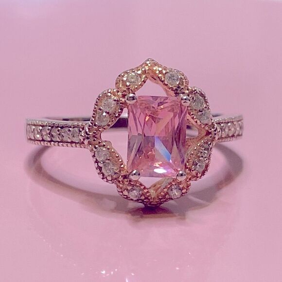 💛 Art Deco 925 Rose Gold Vermeil Created Pink Topaz & CZ Ring - Picture 2 of 5